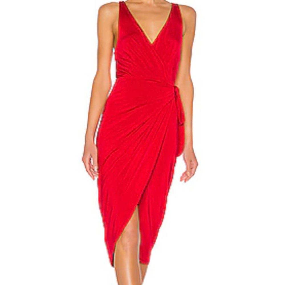 Like New NBD x NAVEN Red Midi Wrap Dress Pleated Stretch Crepe XS